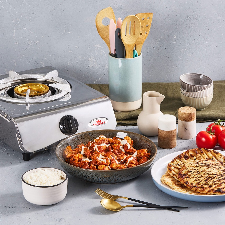 Auscrown Natural Gas Wok Burner + Cast Iron Trivets & Brass Caps