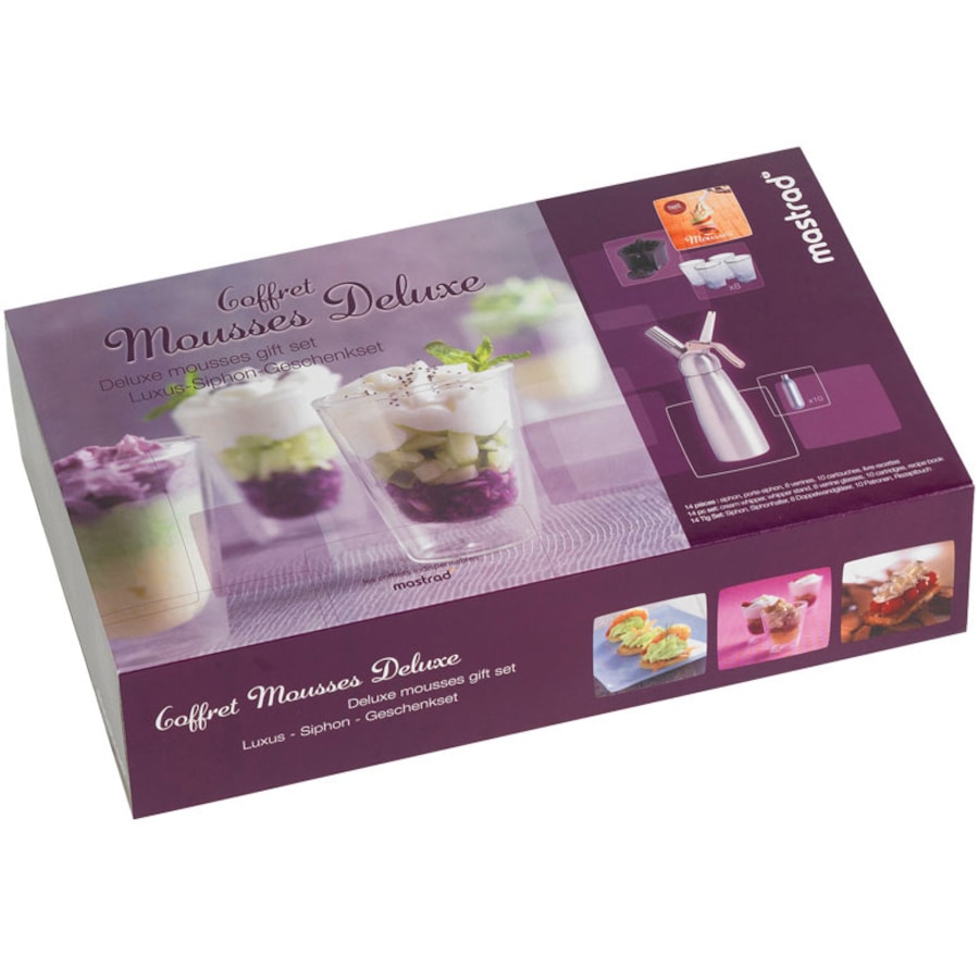Mastrad Mousse & Cream Gift Set with Hot/Cold Whipper + 8 Glasses, Book & Stand
