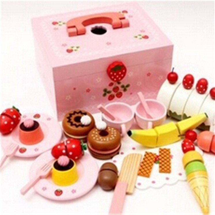 ALL 4 KIDS Wooden Pretend Play Toy Icecream and Tea Cutting Set in Carry Box