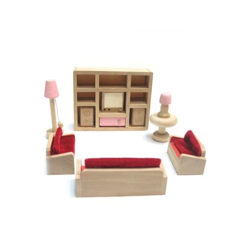 All 4 Kids Wooden Doll House Furniture Miniature 6 Rooms & 4 Dolls Set
