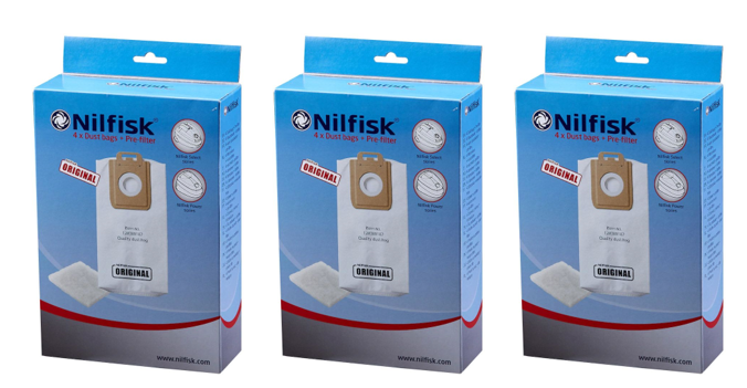 Nilfisk 3 Boxes of 4 Select Series Dust Bags + Pre-filter - 128389187
