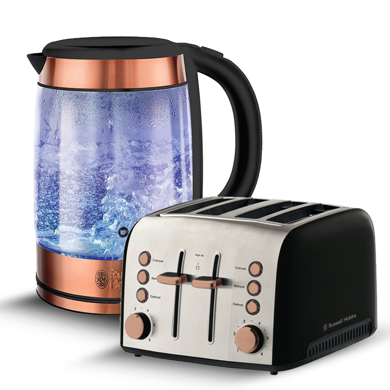 Russell Hobbs Brooklyn Glass Kettle + Toaster Pack - Copper