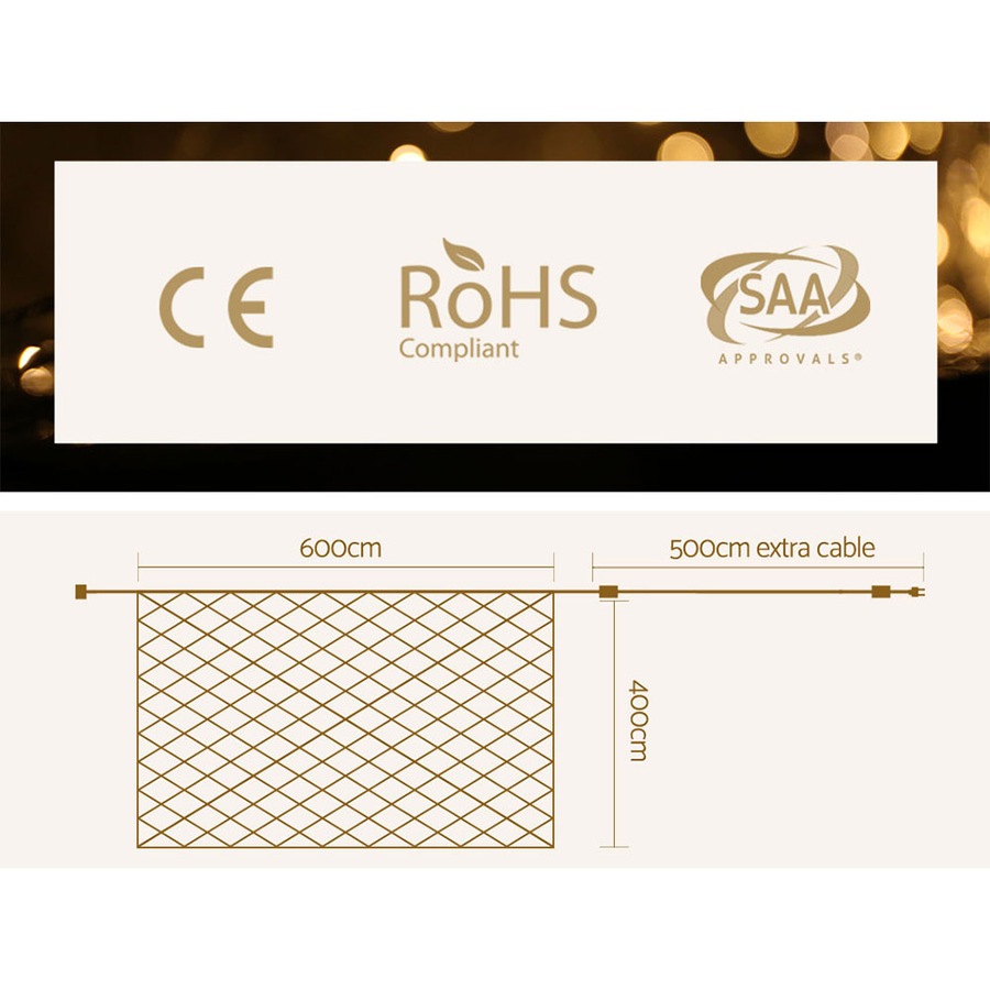 1000 LED 4mx6m Christmas Lights Net String Light Warm White Jingle Jollys