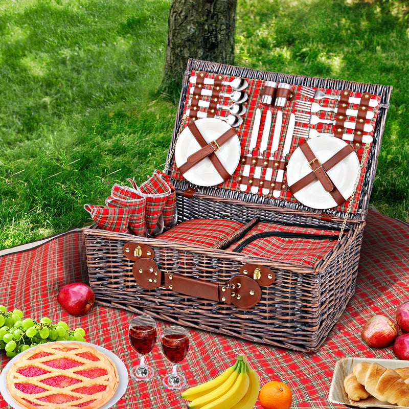 4 Person Picnic Basket Wicker Picnic Set Outdoor Insulated Blanket