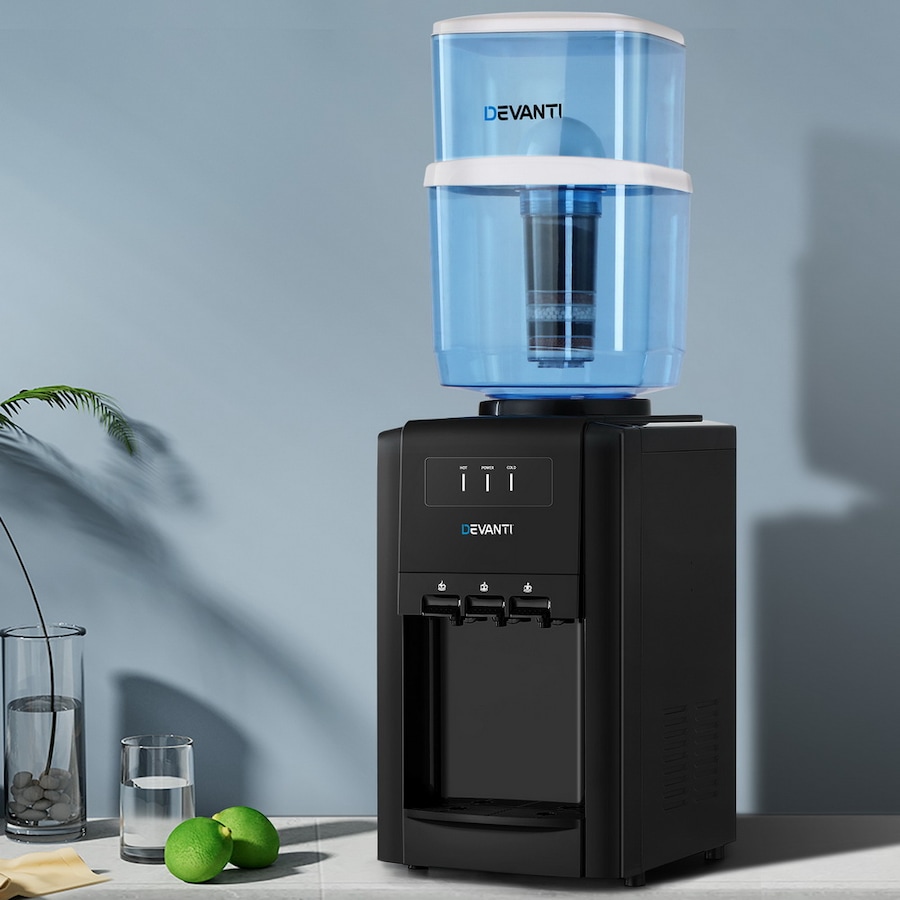 22L Devanti Water Cooler Dispenser Bench Top 3 Taps Chiller Filter Purifier Three Taps Black