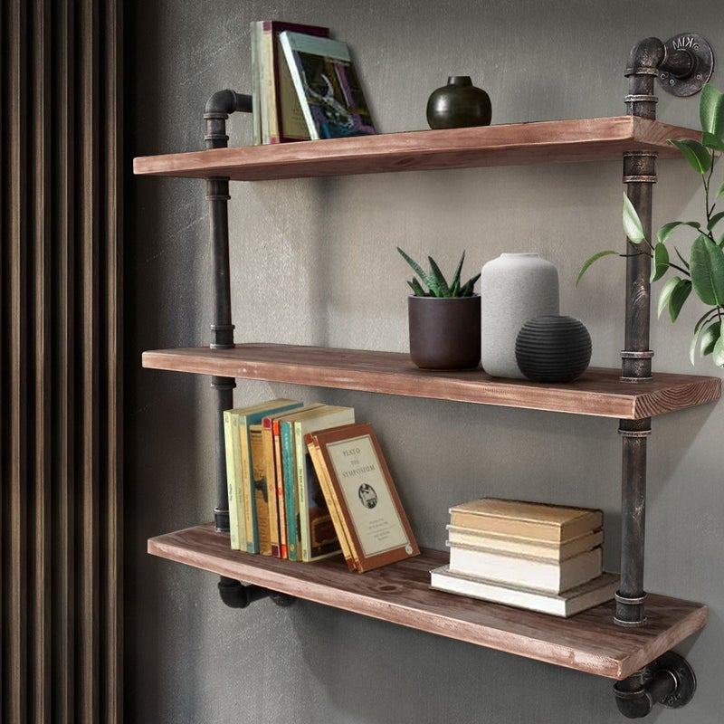 Artiss Display Wall Shelves Industrial Diy Pipe Shelf Brackets Rustic Bookshelf Hooks 9350062061879 - Diy Wall Shelf With Brackets