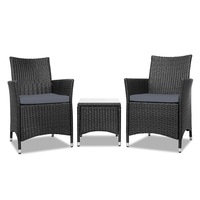 3 Piece Gardeon Outdoor Bistro Set Lounge Setting Patio Furniture Table and Chairs Wicker Black