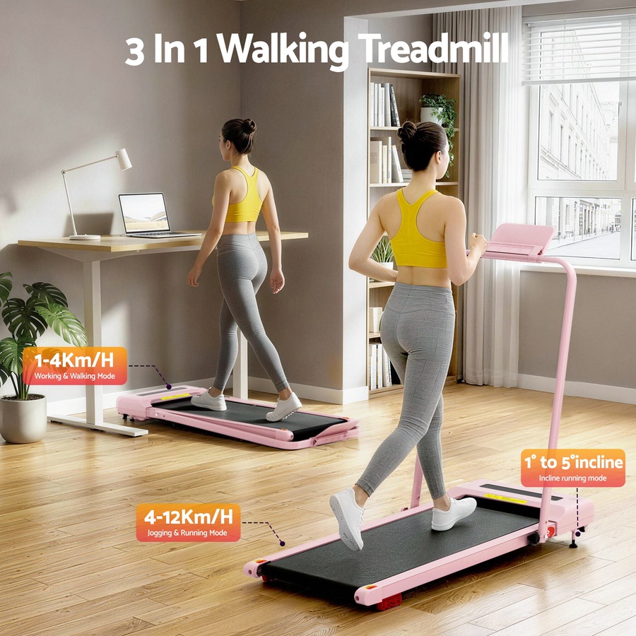Everfit 9% Incline Treadmill 38cm Belt 3 in 1 Walking Pad Foldable Under Desk with Handle Pink