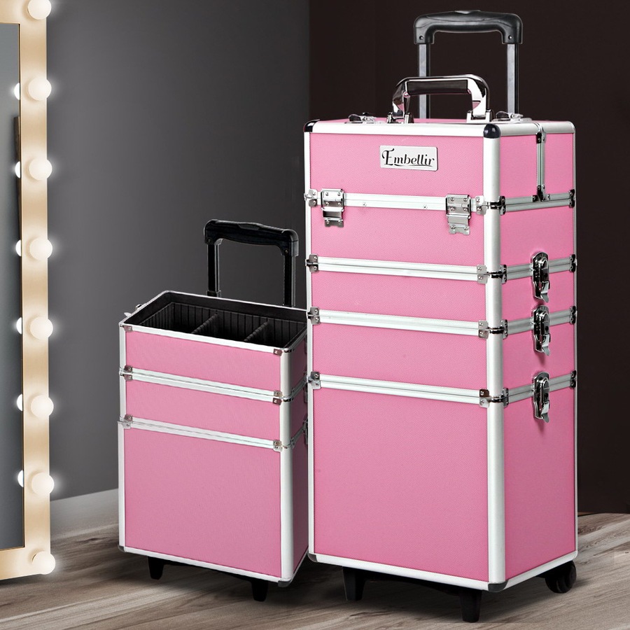 1X Embellir Makeup Case Beauty Trolley Cosmetic Organiser Box Travel Wheels Pink