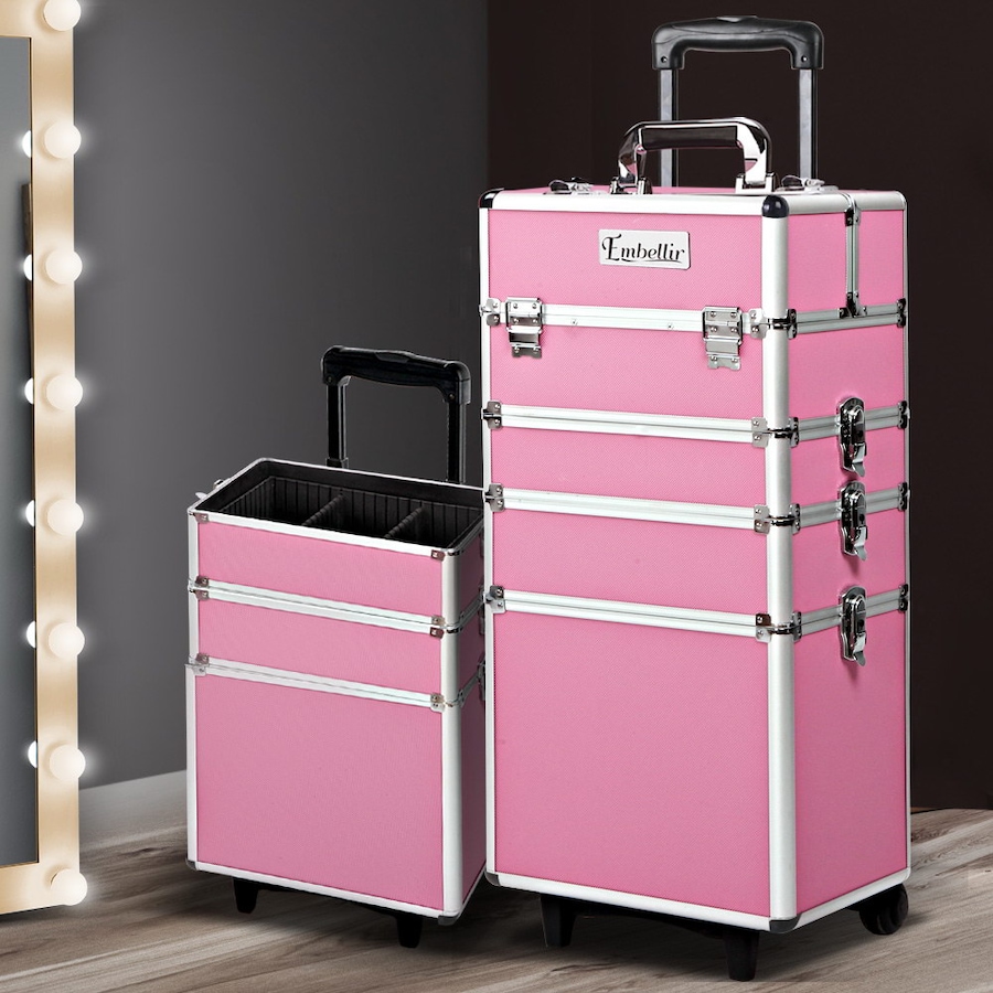1X Embellir Makeup Case Beauty Trolley Cosmetic Organiser Box Travel Wheels Pink