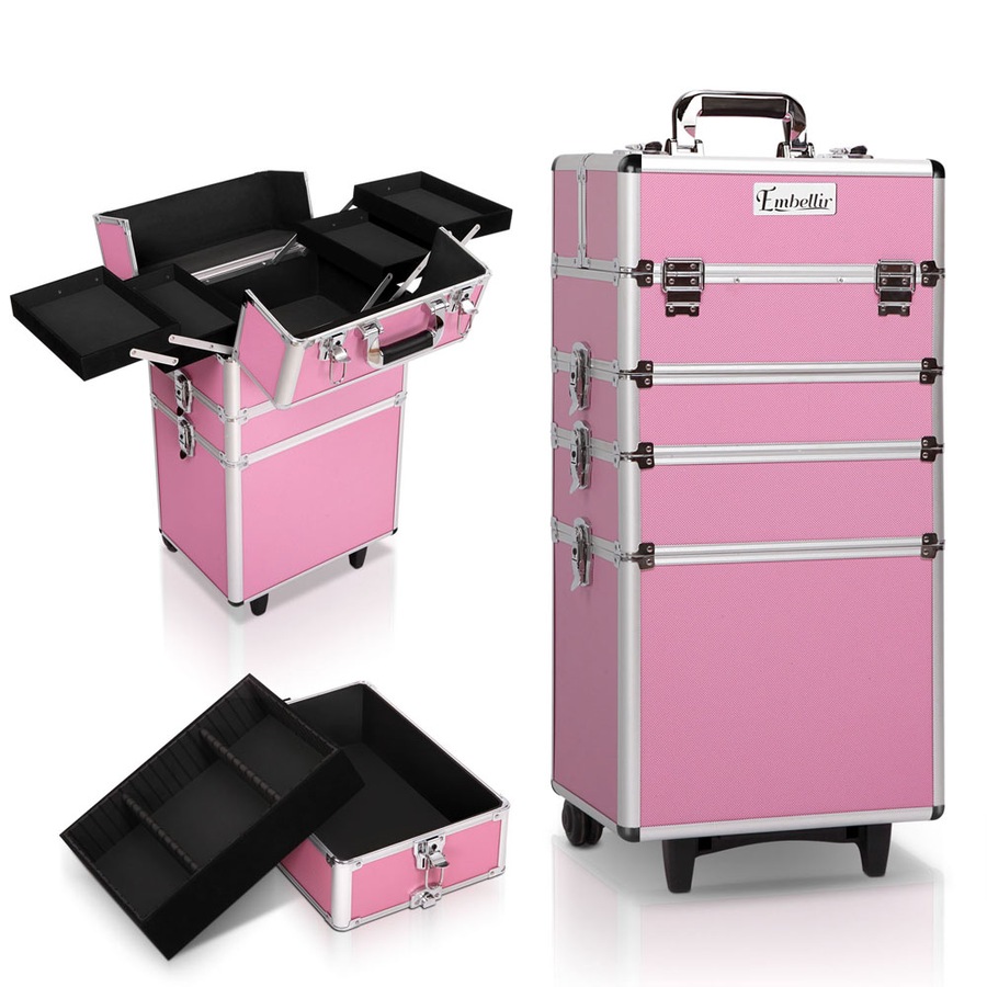 1X Embellir Makeup Case Beauty Trolley Cosmetic Organiser Box Travel Wheels Pink