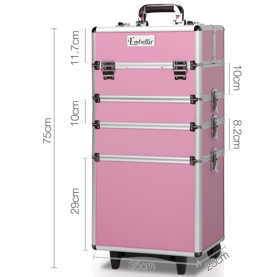 1X Embellir Makeup Case Beauty Trolley Cosmetic Organiser Box Travel Wheels Pink