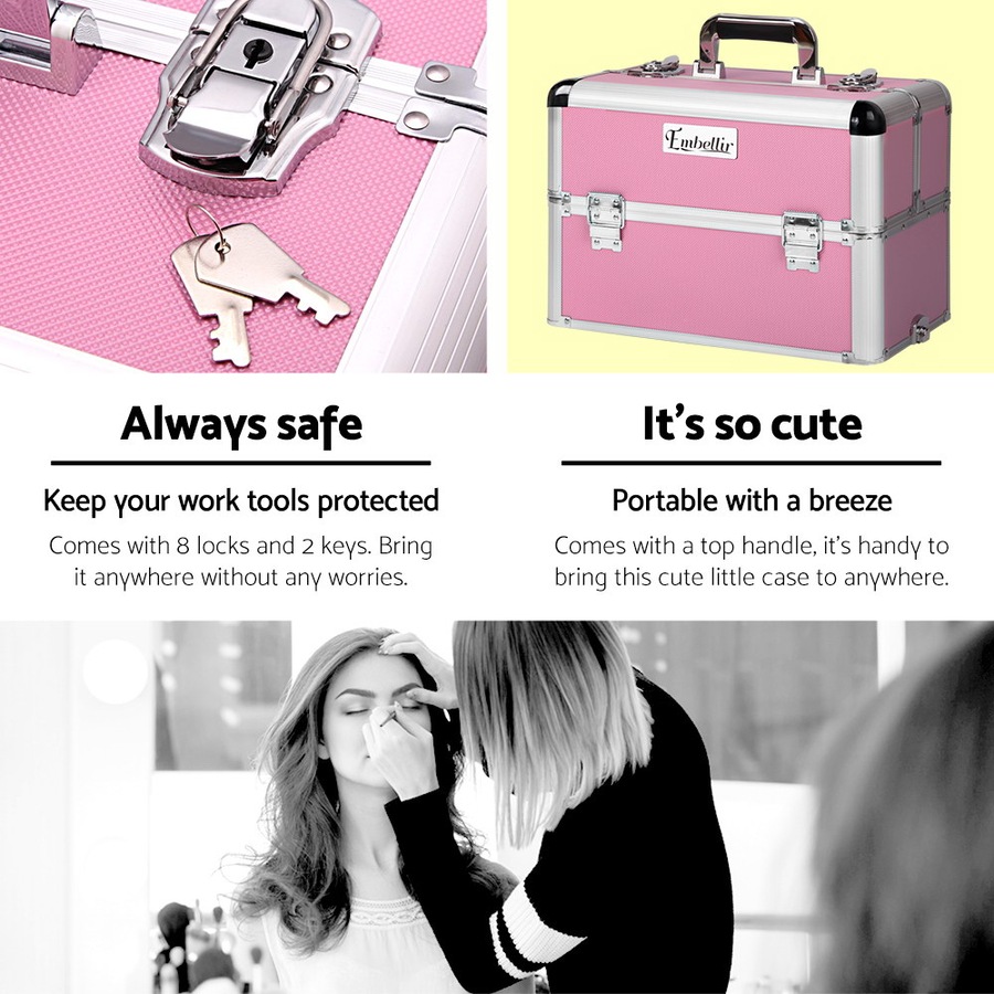 1X Embellir Makeup Case Beauty Trolley Cosmetic Organiser Box Travel Wheels Pink