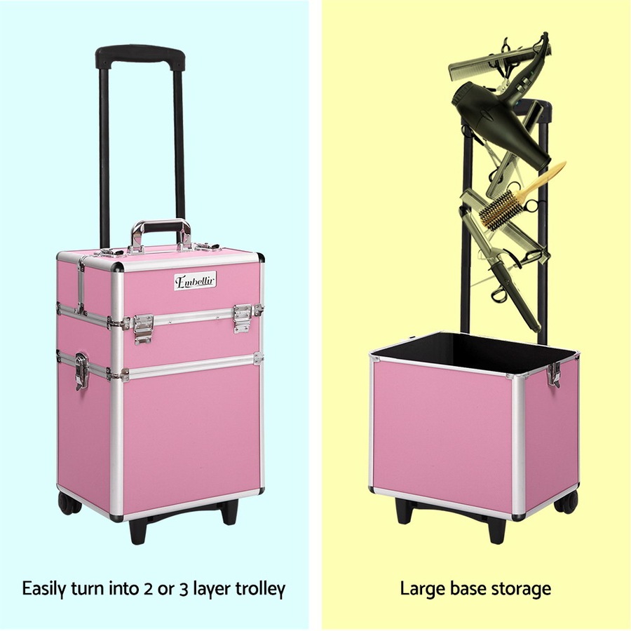 1X Embellir Makeup Case Beauty Trolley Cosmetic Organiser Box Travel Wheels Pink