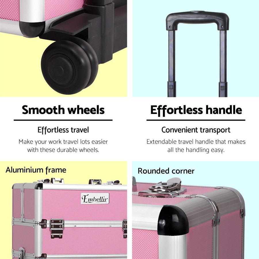 1X Embellir Makeup Case Beauty Trolley Cosmetic Organiser Box Travel Wheels Pink