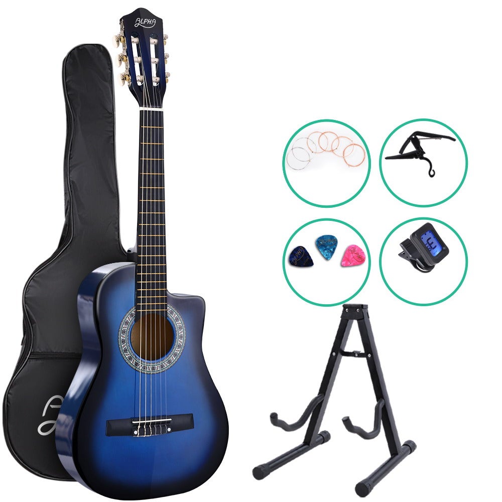 Alpha Guitar 34 Inch Acoustic Guitars With Picks Stand Tuner and Capo Blue