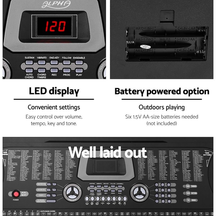 Alpha 61 Keys Electronic Piano Keyboard Digital Electric w/ Stand Beginner Black