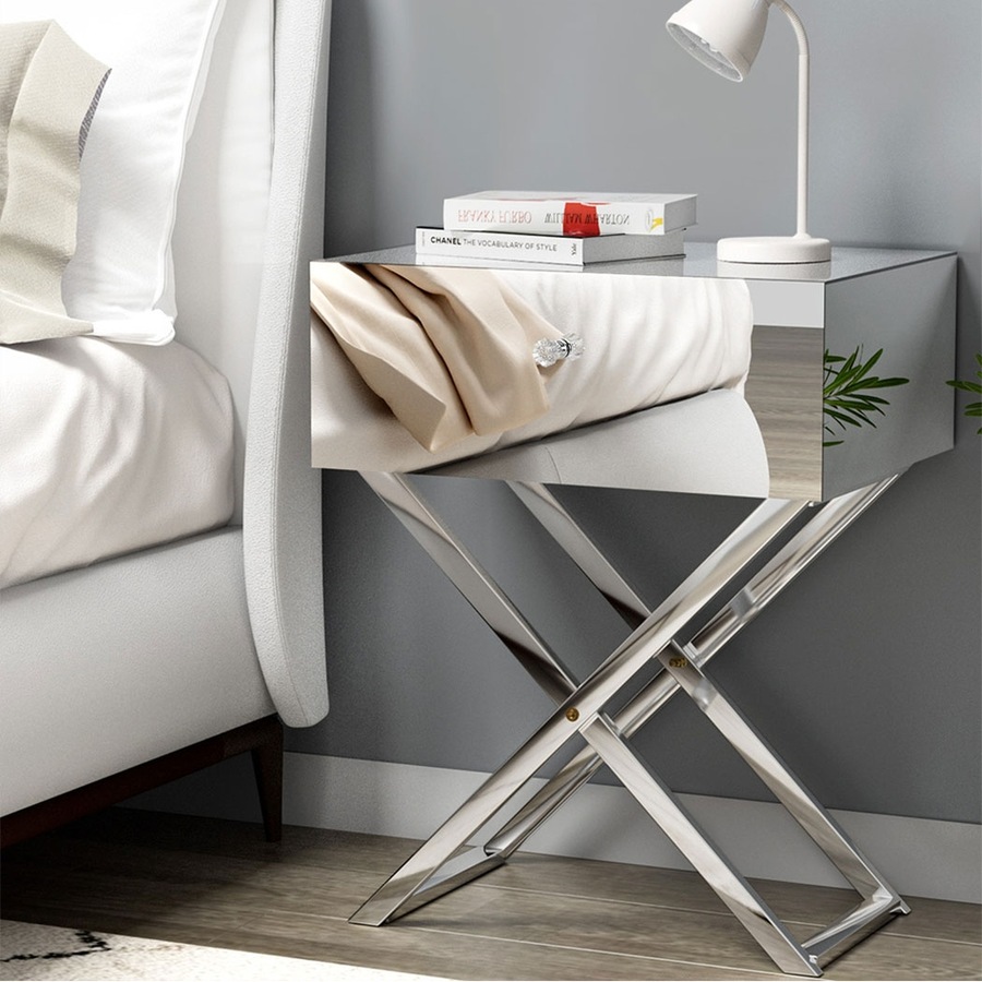 1 Drawer Artiss Bedside Table Mirrored - MOCO Silver