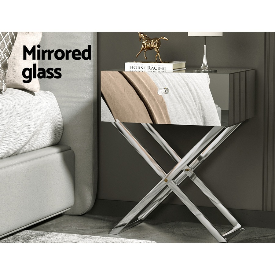 1 Drawer Artiss Bedside Table Mirrored - MOCO Silver