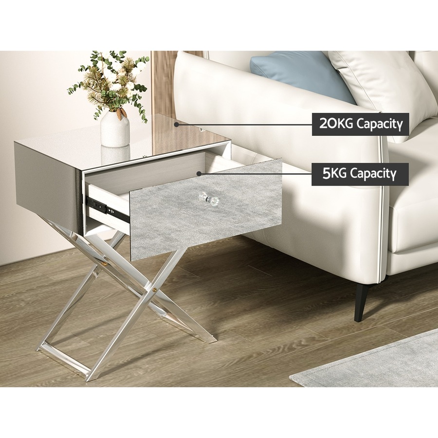 1 Drawer Artiss Bedside Table Mirrored - MOCO Silver