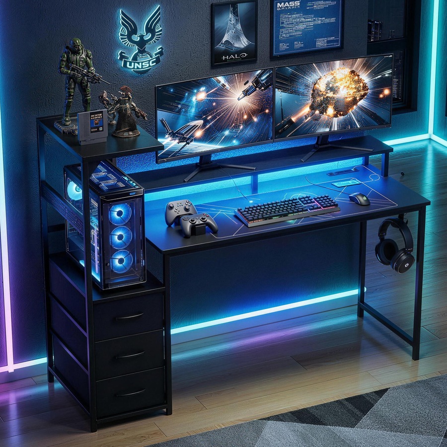 Artiss 145cm L Shaped Gaming Desk Computer Desk with LED Lights & Power Outlets for Home Office