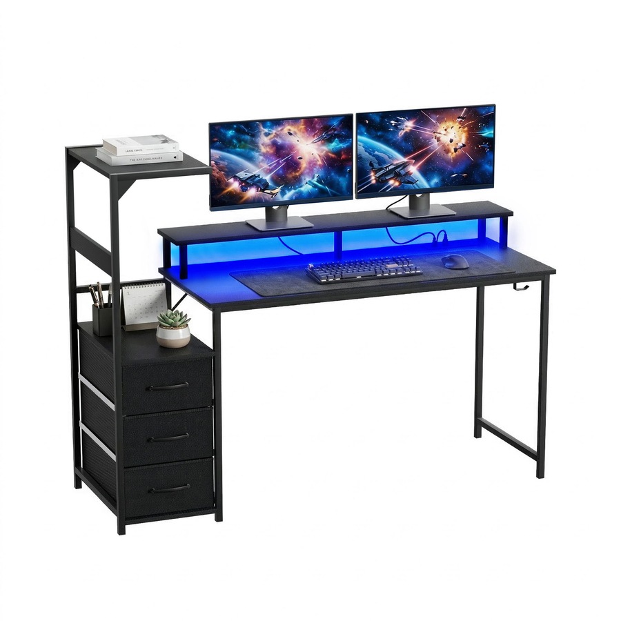 Artiss 145cm L Shaped Gaming Desk Computer Desk with LED Lights & Power Outlets for Home Office