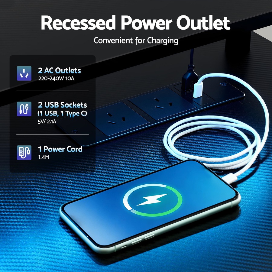 Artiss 145cm L Shaped Gaming Desk Computer Desk with LED Lights & Power Outlets for Home Office