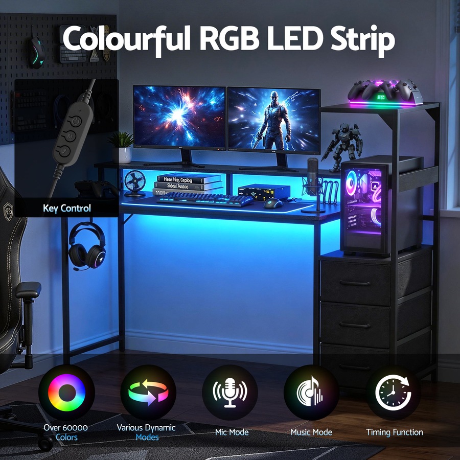 Artiss 145cm L Shaped Gaming Desk Computer Desk with LED Lights & Power Outlets for Home Office