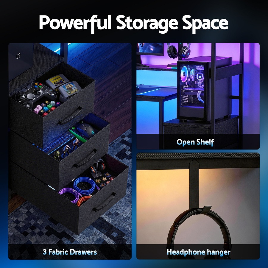 Artiss 145cm L Shaped Gaming Desk Computer Desk with LED Lights & Power Outlets for Home Office