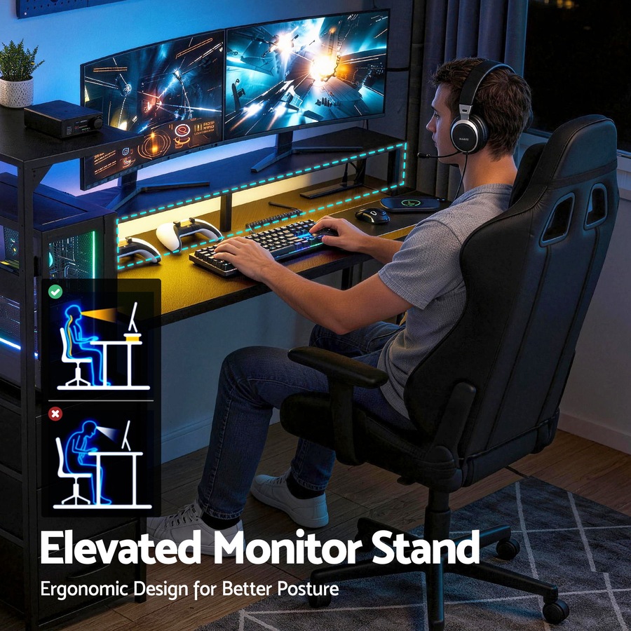 Artiss 145cm L Shaped Gaming Desk Computer Desk with LED Lights & Power Outlets for Home Office