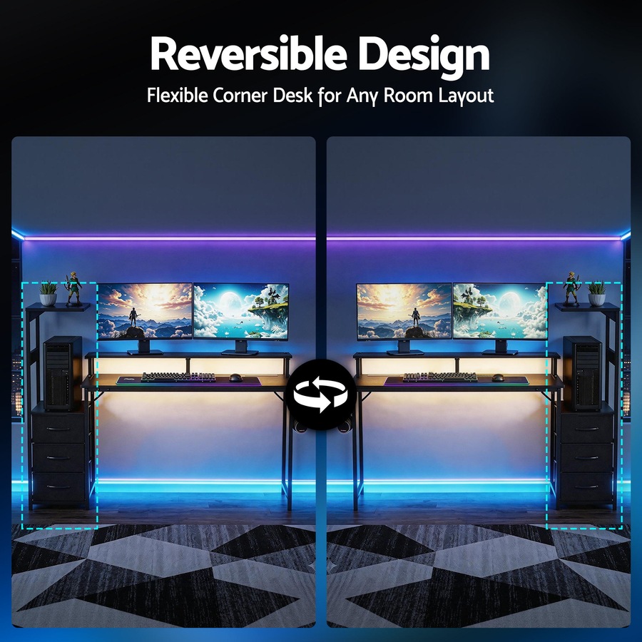 Artiss 145cm L Shaped Gaming Desk Computer Desk with LED Lights & Power Outlets for Home Office