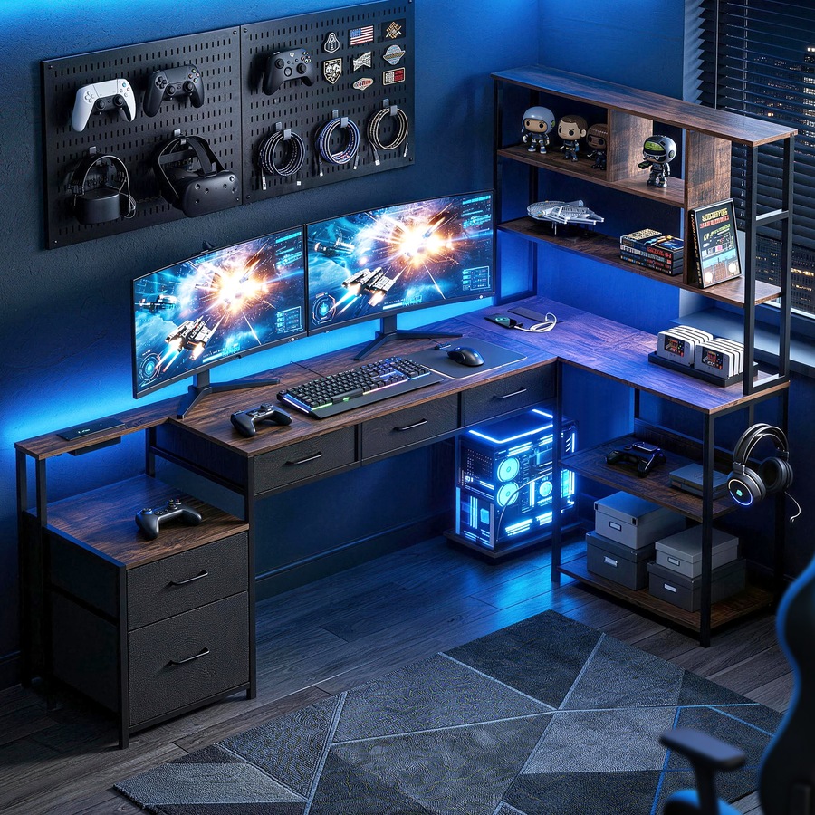 Artiss 200cm L Shaped Gaming Desk Computer Desk with LED Lights & Power Outlets for Home Office