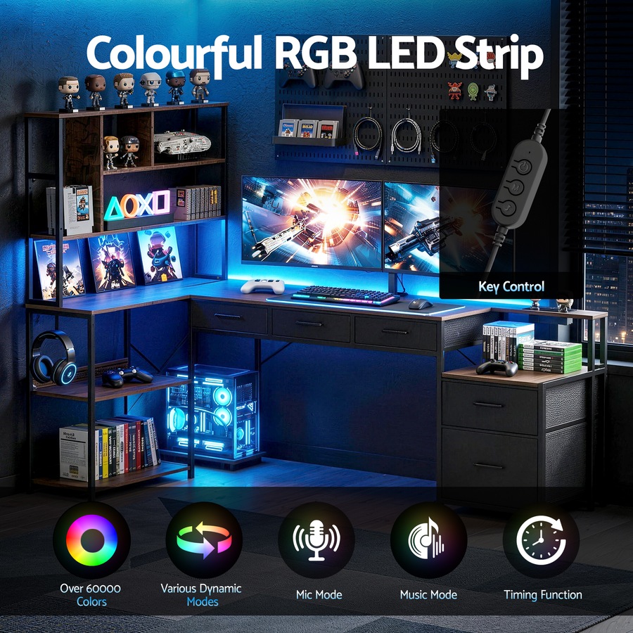 Artiss 200cm L Shaped Gaming Desk Computer Desk with LED Lights & Power Outlets for Home Office