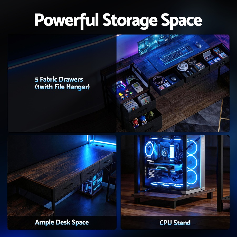 Artiss 200cm L Shaped Gaming Desk Computer Desk with LED Lights & Power Outlets for Home Office