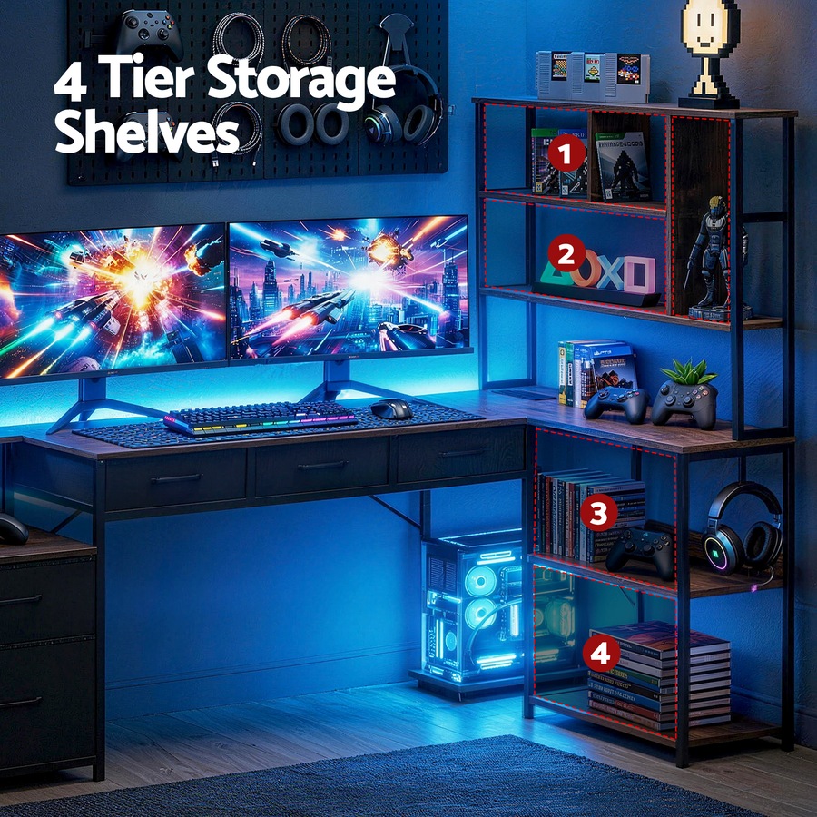 Artiss 200cm L Shaped Gaming Desk Computer Desk with LED Lights & Power Outlets for Home Office