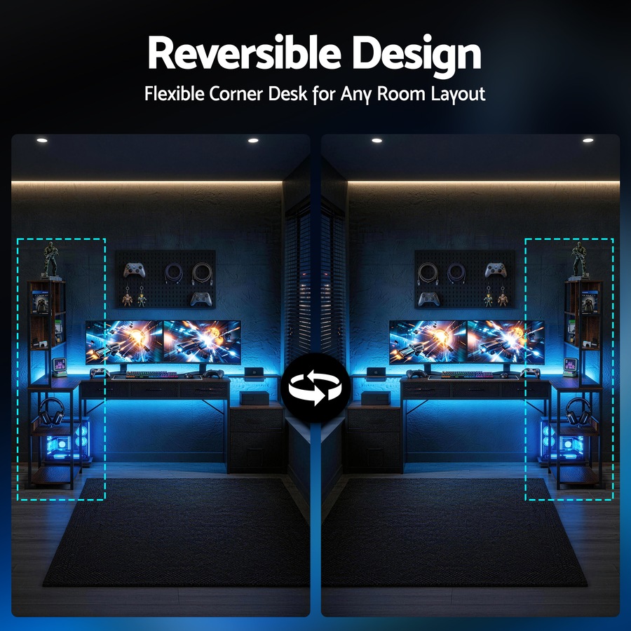 Artiss 200cm L Shaped Gaming Desk Computer Desk with LED Lights & Power Outlets for Home Office