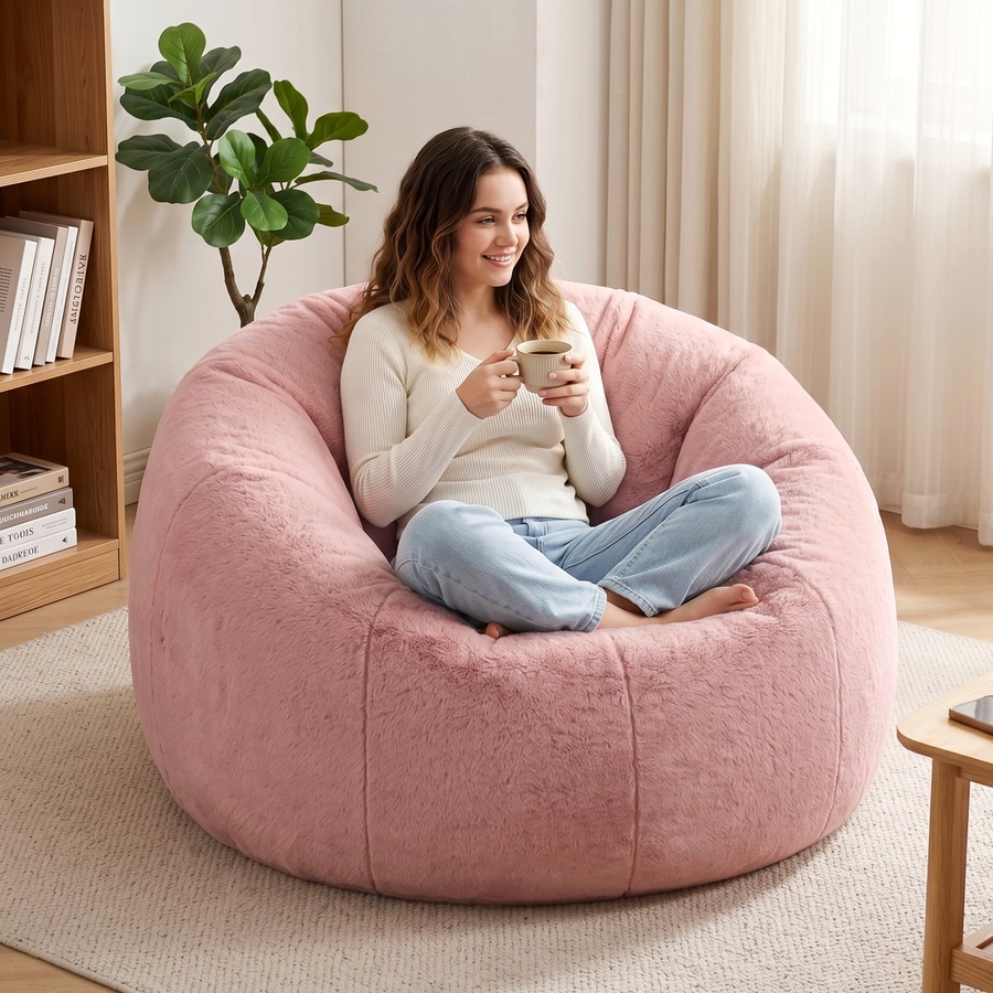Artiss Bean Bag Chair Cover Faux Fur No Filler Washable Lazy Sofa Cover Pink