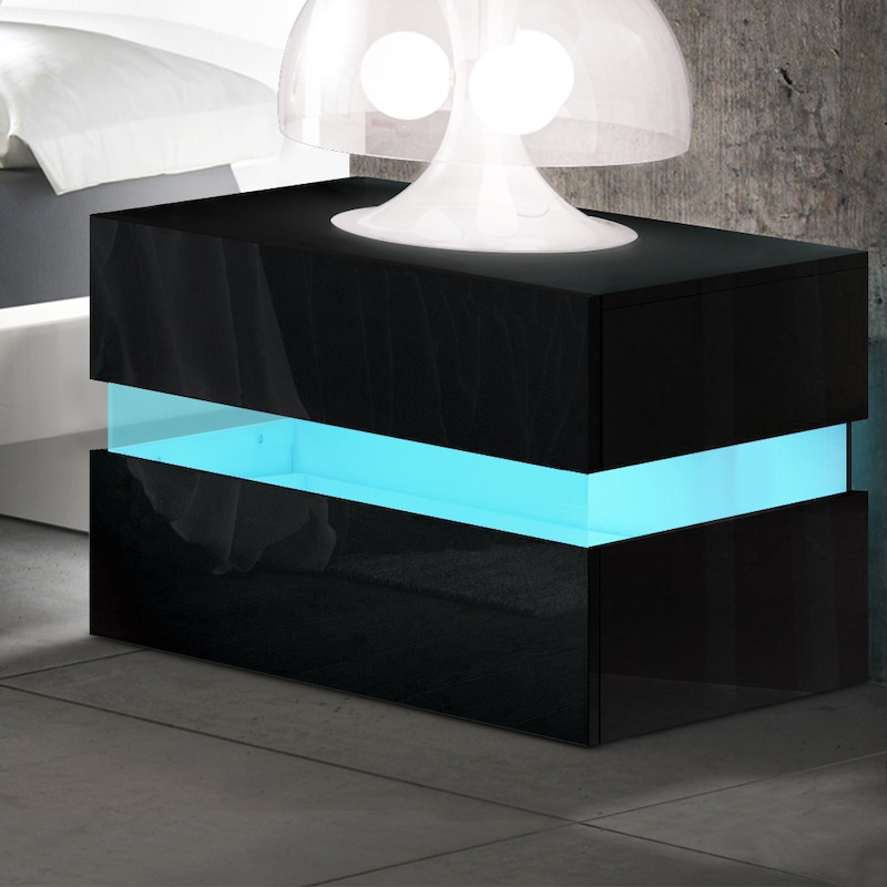 Bedside Tables Drawers RGB LED Side Table Black Gloss Nightstand | Buy ...