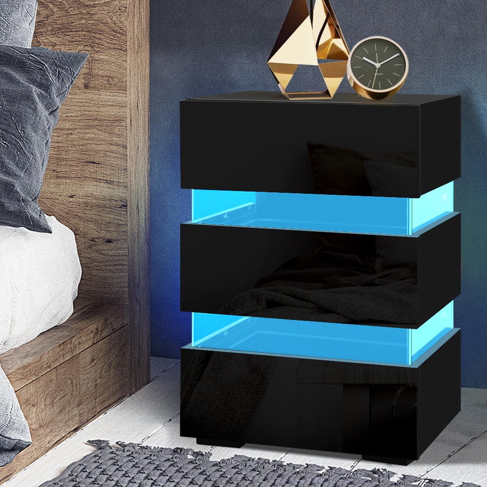 Artiss Bedside Table LED 3 Drawers - LUMI Black