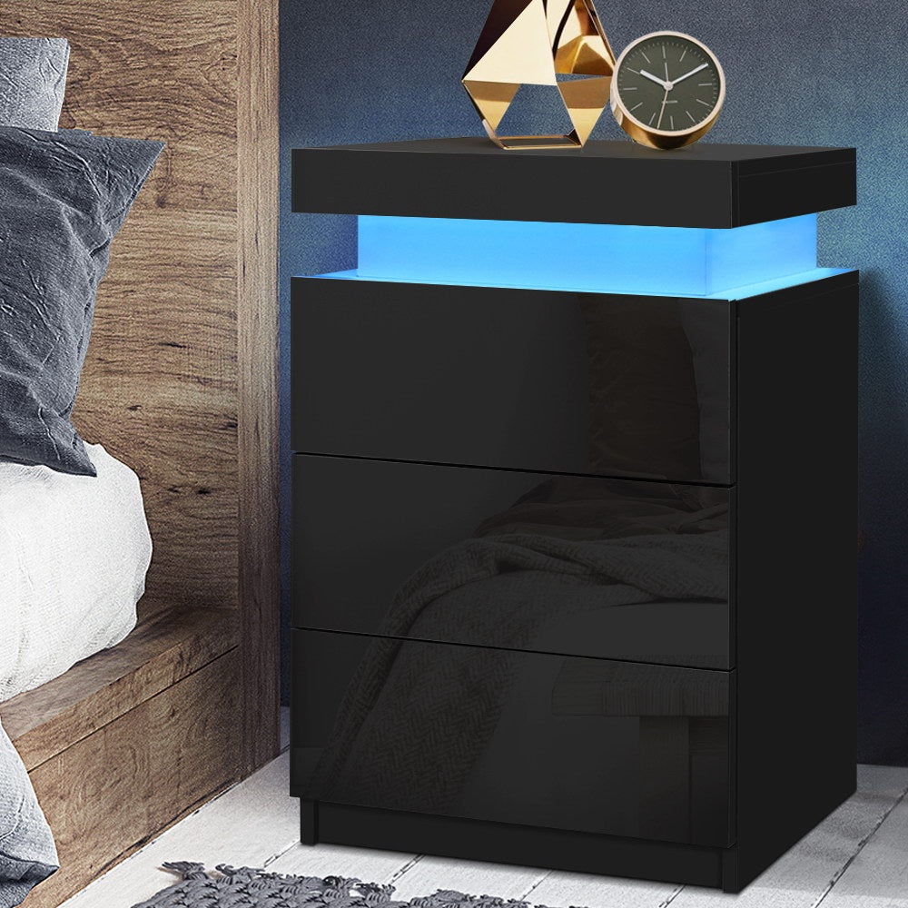 Artiss Bedside Table LED 3 Drawers - COLEY Black