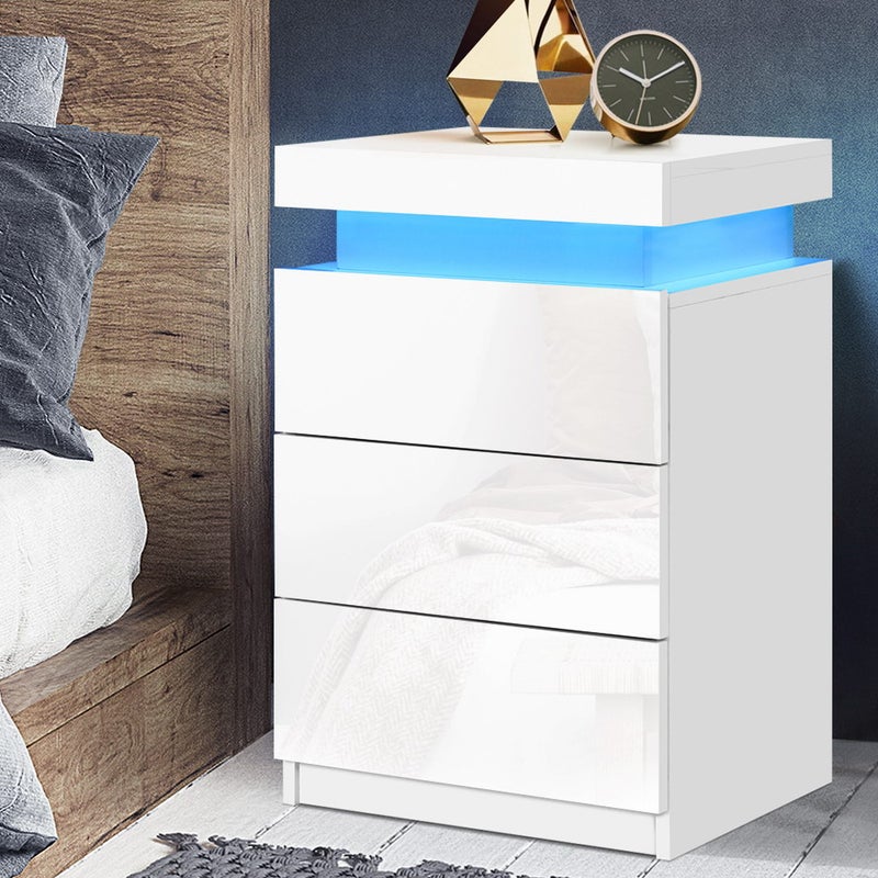 Artiss Bedside Tables Side Table 3 Drawers RGB LED High Gloss