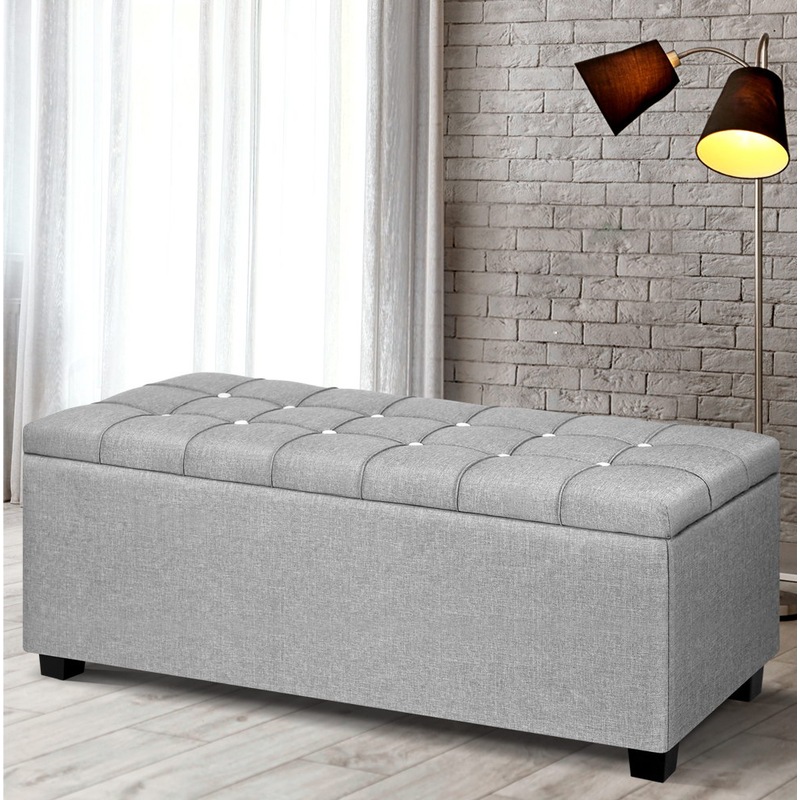 Buy Artiss Storage Ottoman Blanket Box 97cm Button Linen Grey MyDeal