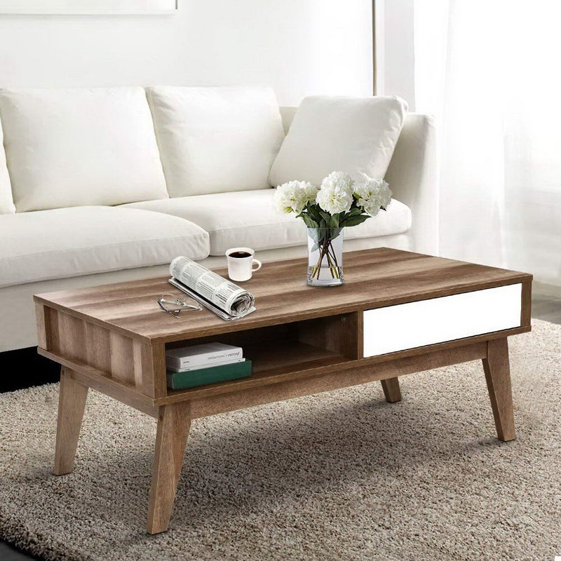 Coffee Table 2 Storage Drawers Open, Scandinavian Style Coffee Table With Storage