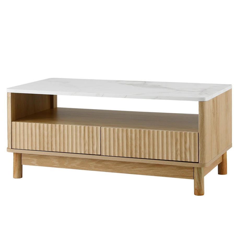 Artiss Coffee Table 90CM Side Table Shelf 2 Drawers Marble Effect Wood&White