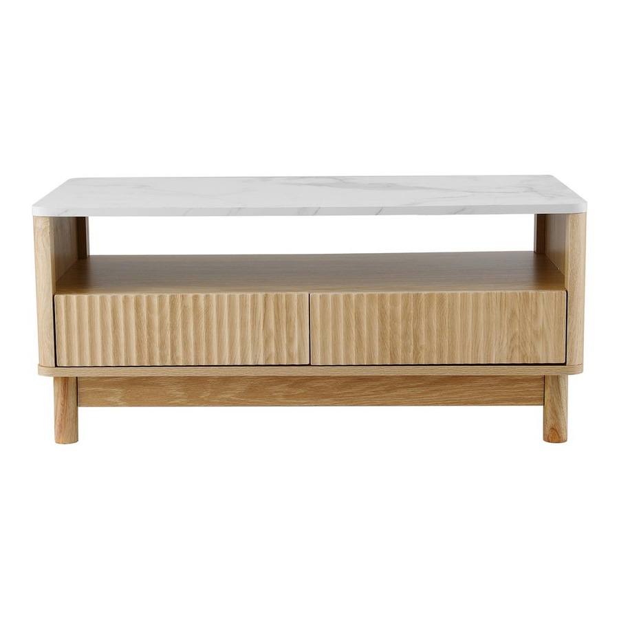 Artiss Coffee Table 90CM Side Table Shelf 2 Drawers Marble Effect Wood&White