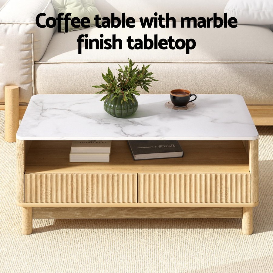 Artiss Coffee Table 90CM Side Table Shelf 2 Drawers Marble Effect Wood&White