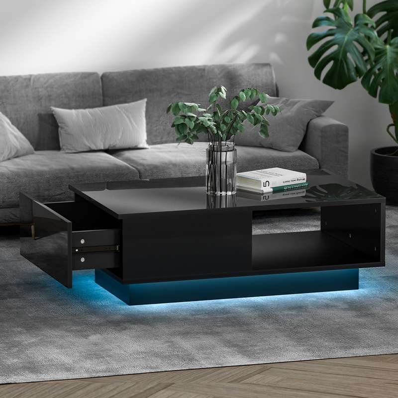 Buy Artiss Coffee Table Led Lights High Gloss Storage Drawer Black MyDeal