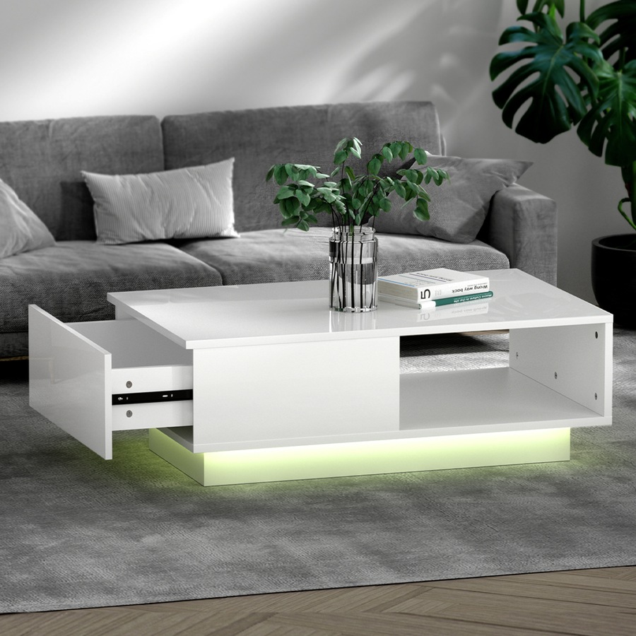 1 Drawer Artiss Coffee Table Led Lights White