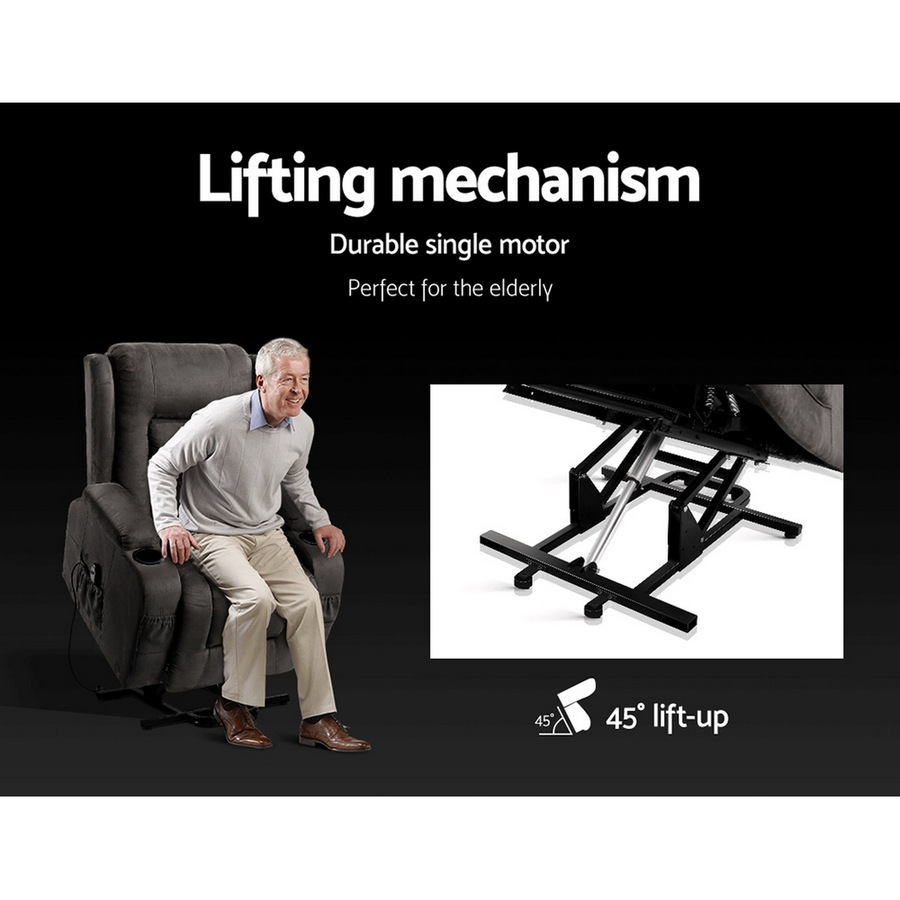 Artiss Recliner Chair with Massage and Heat for Elderly People Velvet Lounge Armchair Sofa Grey