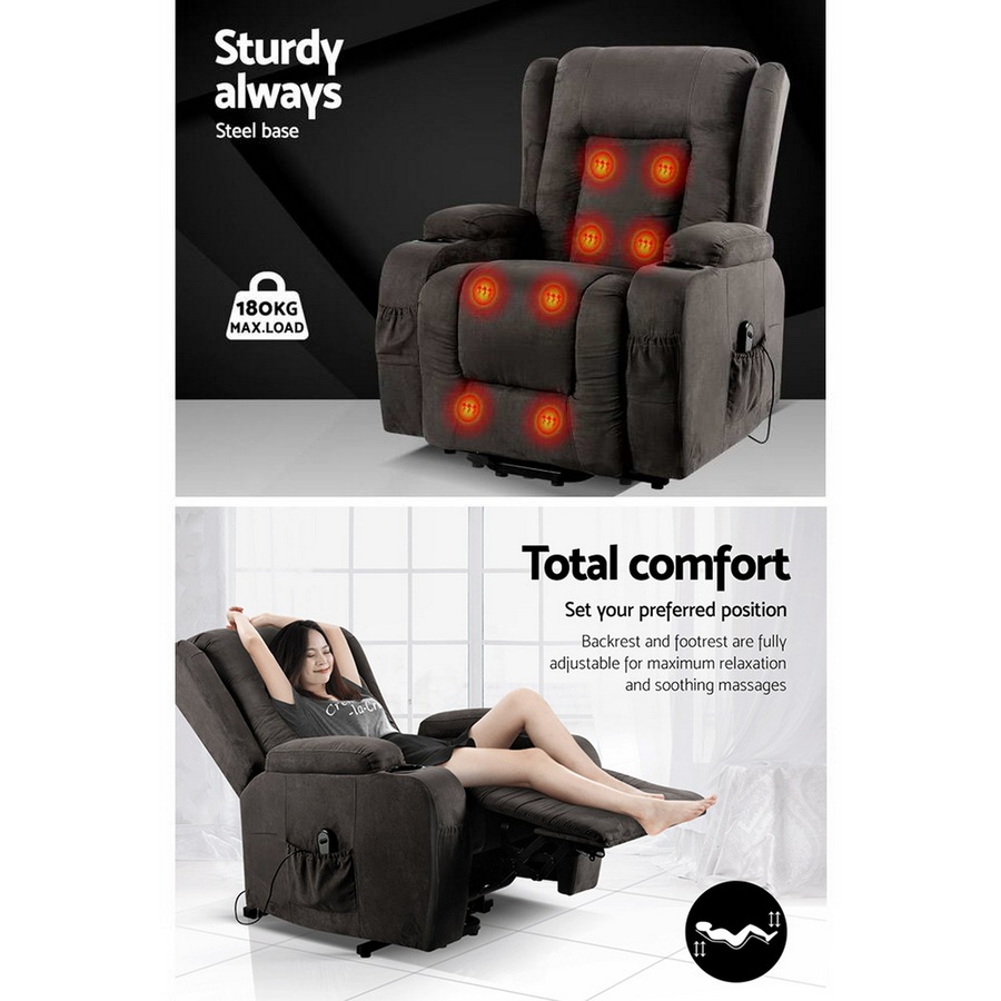 Artiss Recliner Chair with Massage and Heat for Elderly People Velvet Lounge Armchair Sofa Grey